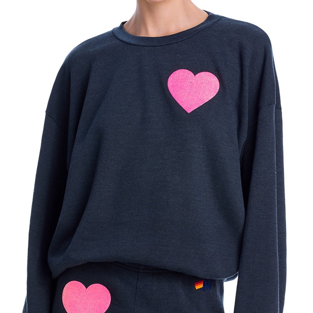 NWT Aviator Nation Women’s Glitter Heart Sweatshirt Gray with Pink size L